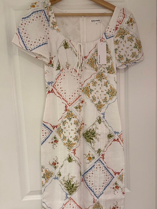 Reformation Dresses & Skirts - Reformation White Midi Dress with Red, Blue, Green Floral Patchwork